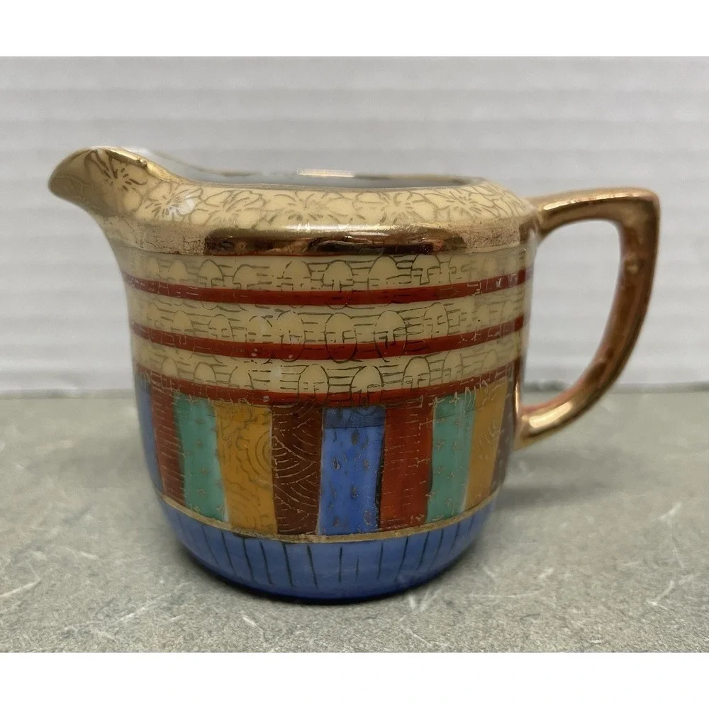 Vtg Chikaramachi Japanese Thousand Faces Gold Trim Hand Painted‎ Creamer 2 1/4
